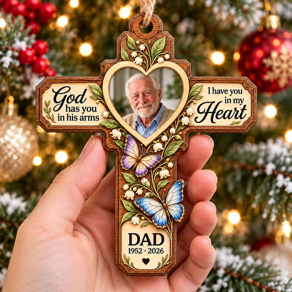 Personalized Photo Memorial Cross Wood Ornament Remembrance Gift - product view 2