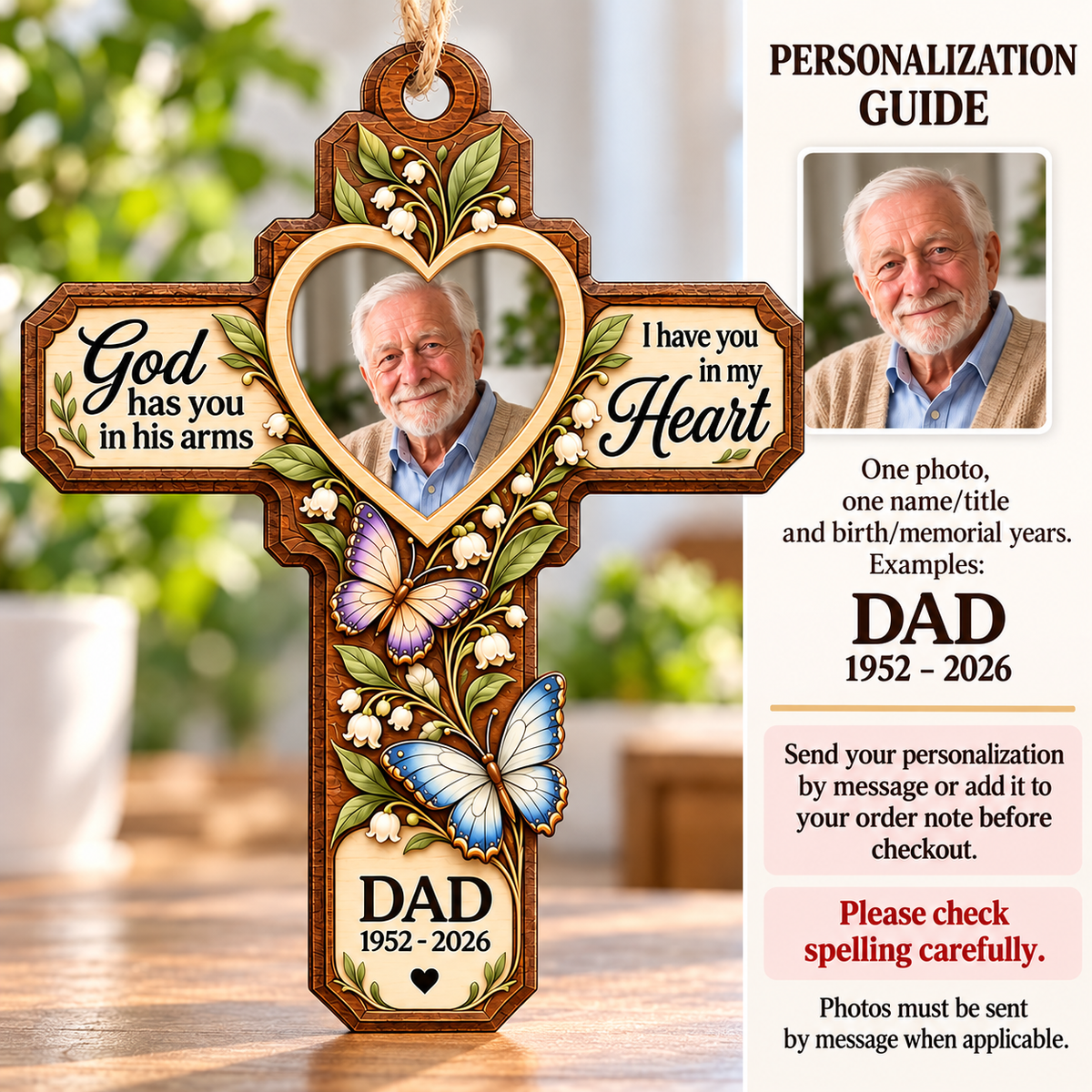 Personalization guide for the Memorial Cross Wood Ornament showing photo, name, and date placement instructions.