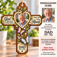 Personalization guide for the Memorial Cross Wood Ornament showing photo, name, and date placement instructions.