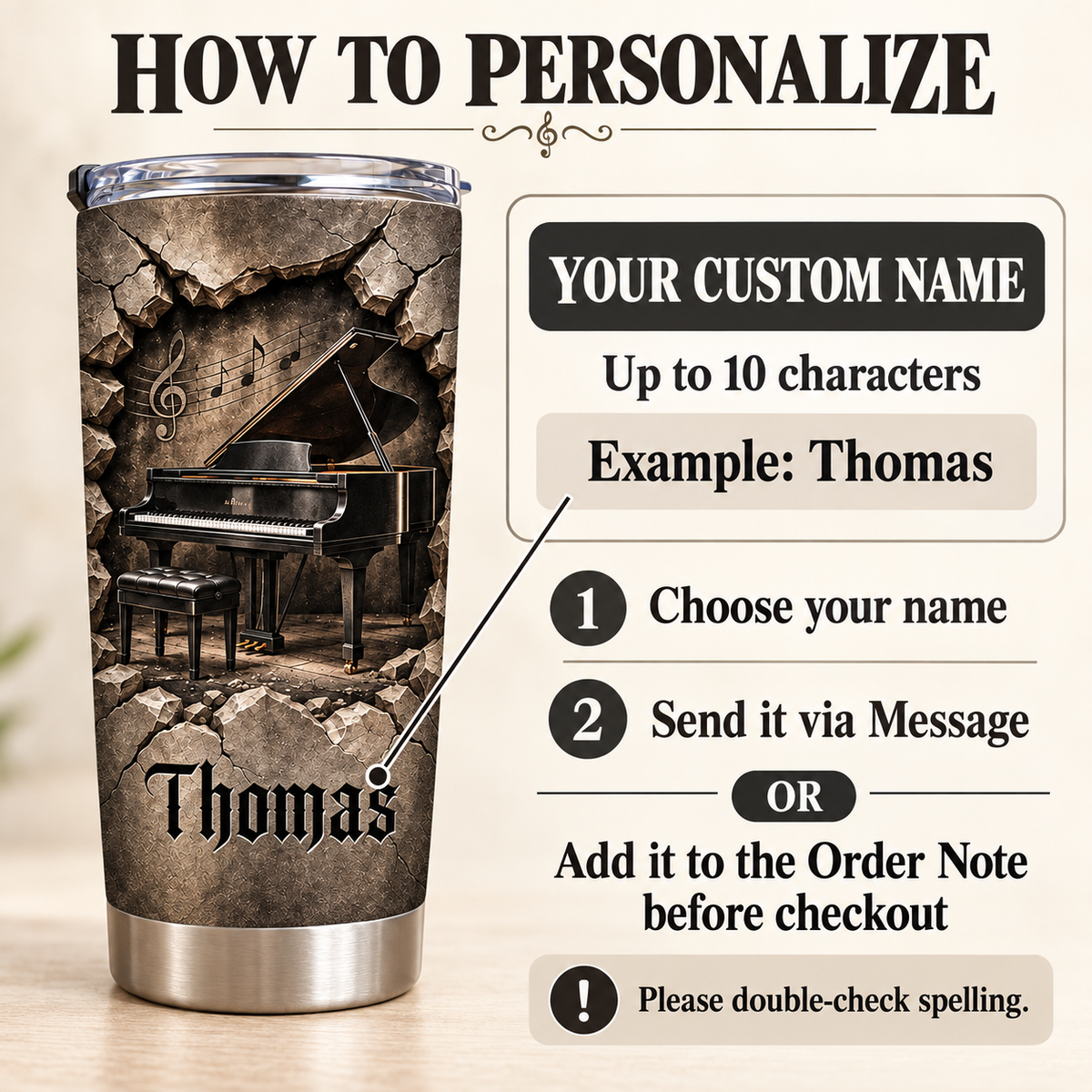 Instruction graphic explaining how to personalize the tumbler with up to ten characters like Thomas.
