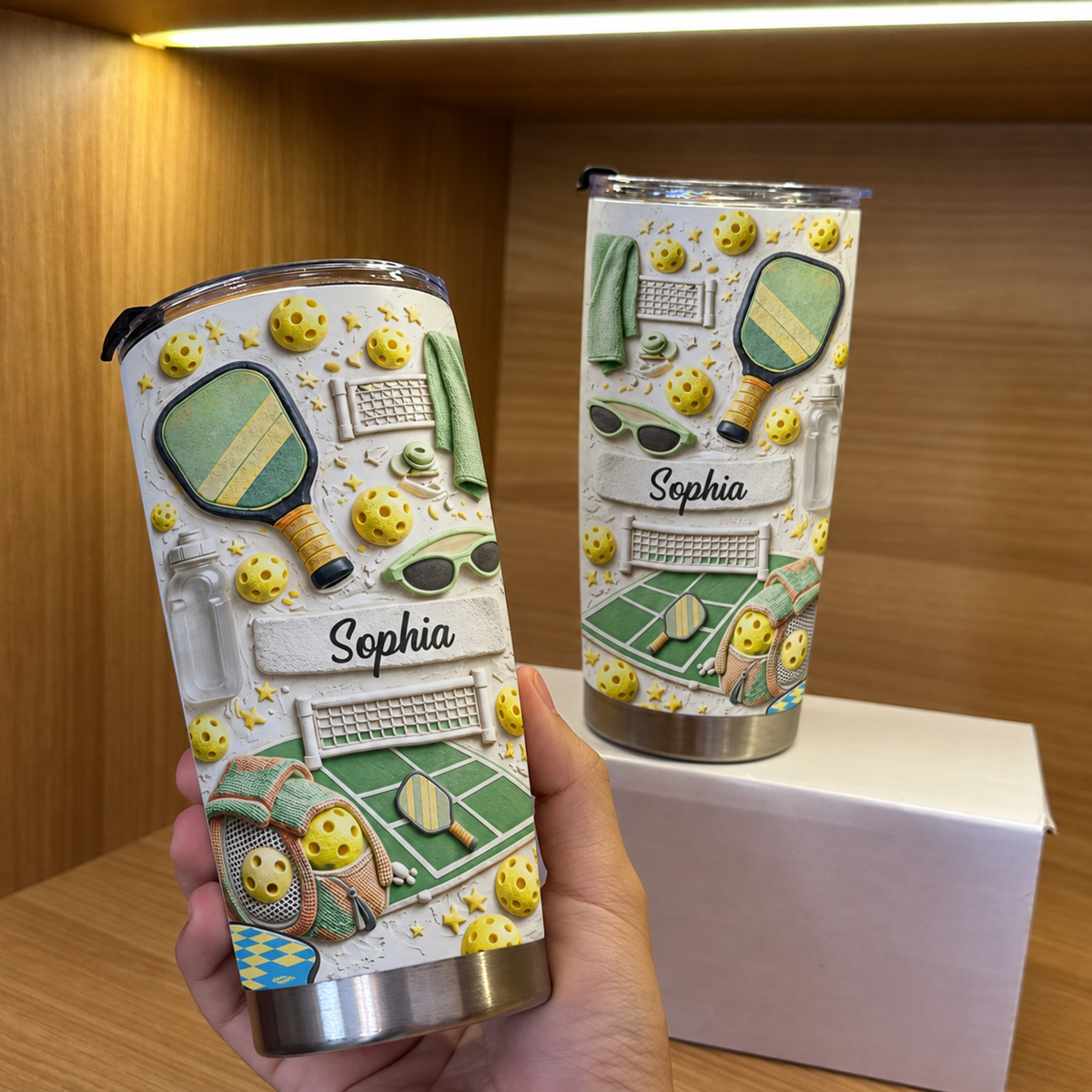 Customer in Austin, Texas wearing Pickleball Themed Tumbler Personalized Custom Name Insulated Stainless Steel Cup Gift for Players