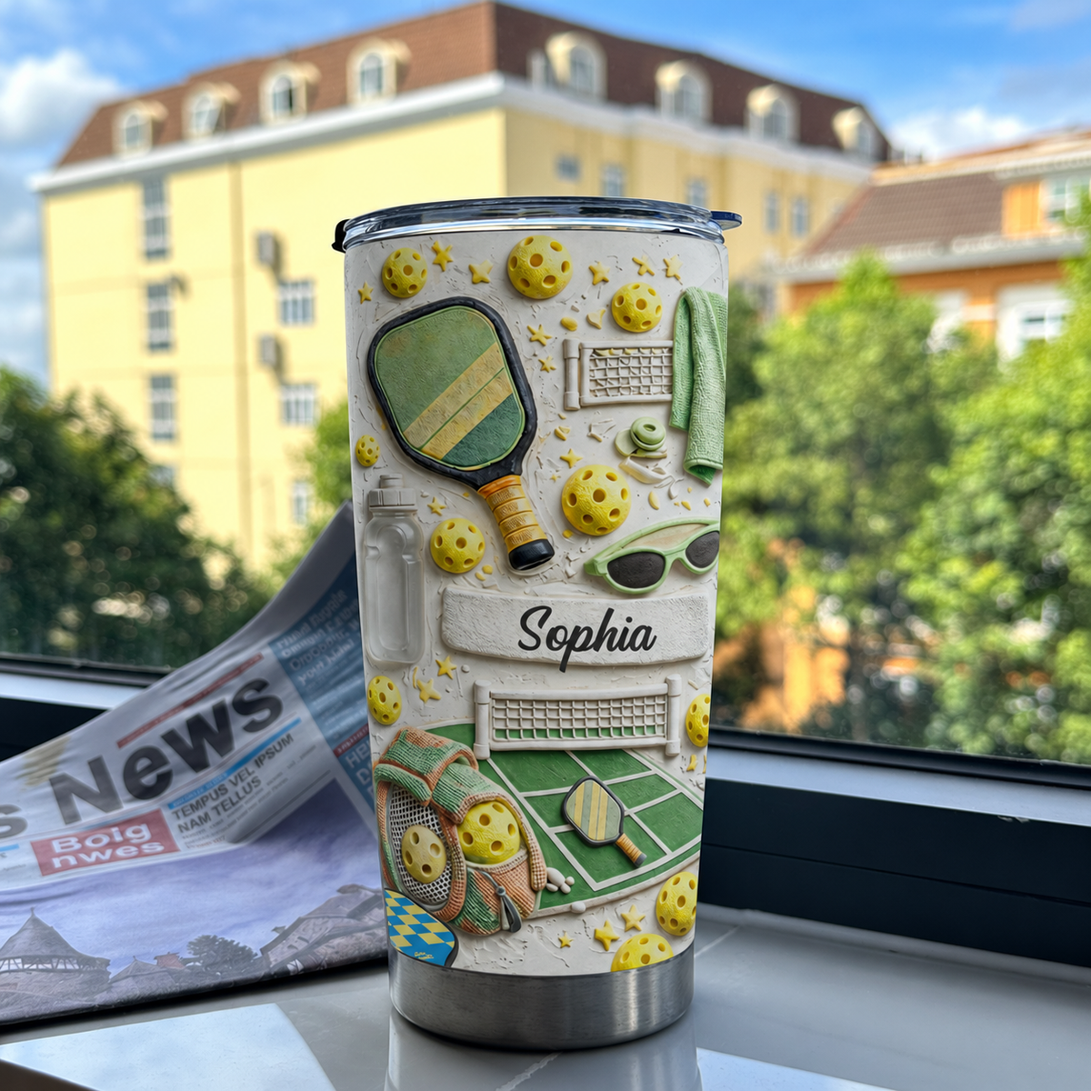 Close-up of Pickleball Themed Tumbler Personalized Custom Name Insulated Stainless Steel Cup Gift for Players for streetwear fans in Austin, Texas