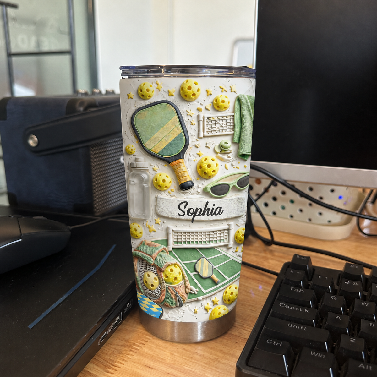 Customer in Austin, Texas wearing Pickleball Themed Tumbler Personalized Custom Name Insulated Stainless Steel Cup Gift for Players