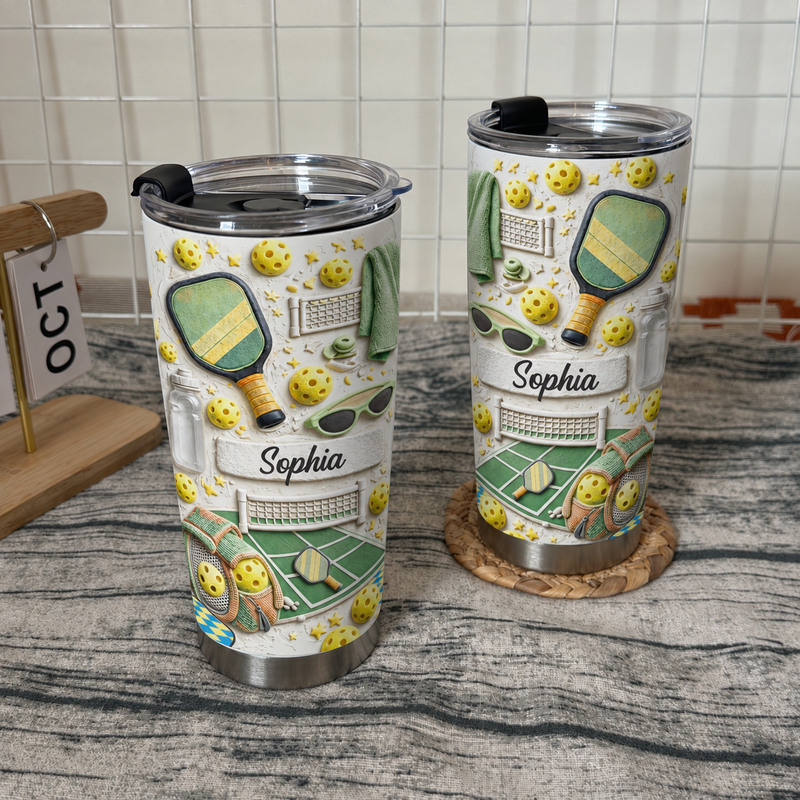 Pickleball Themed Tumbler Personalized Custom Name Insulated Stainless Steel Cup Gift for Players available at our Austin, Texas warehouse