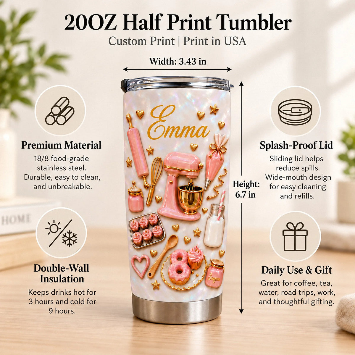 Infographic detailing 20oz half print tumbler specs features and dimensions