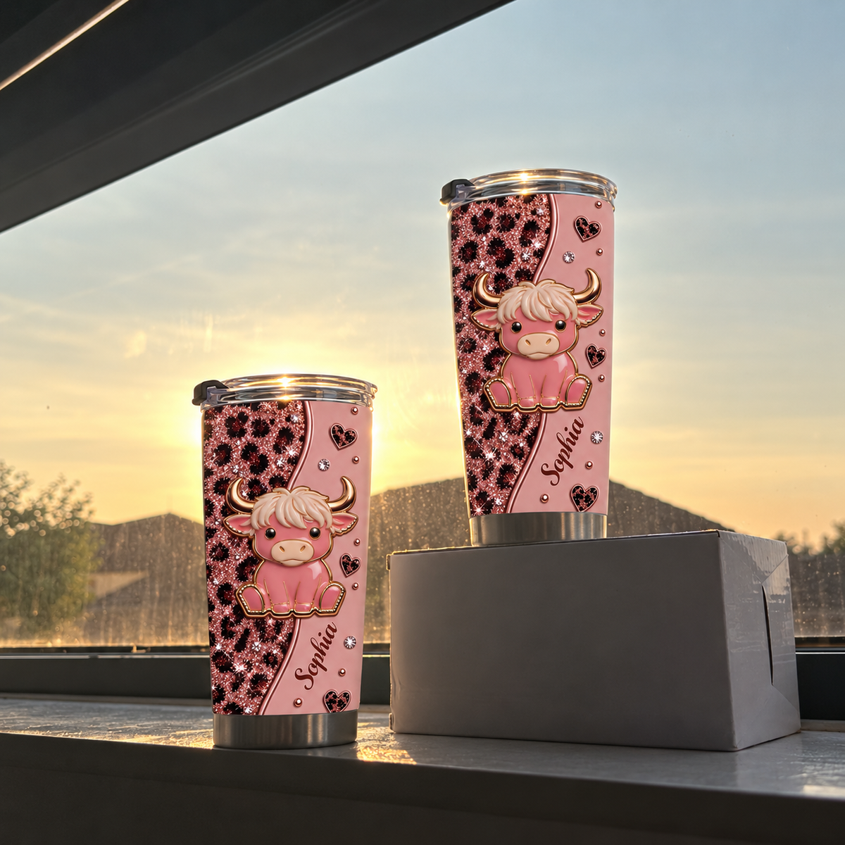 Two custom name tumblers displaying a cute cow design against a sunset sky and window view.