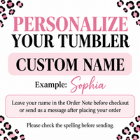 Personalization instruction graphic with pink leopard print borders explaining how to add a custom name.