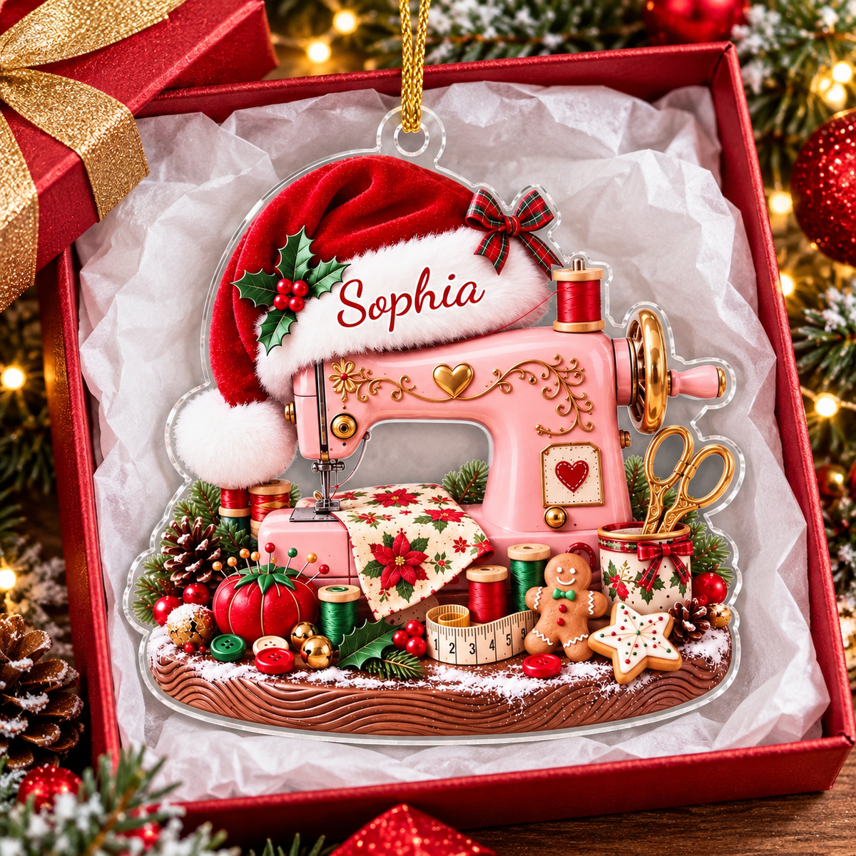 Personalized Pink Sewing Machine Christmas Ornament Custom Name Quilter Gift - product view 4
