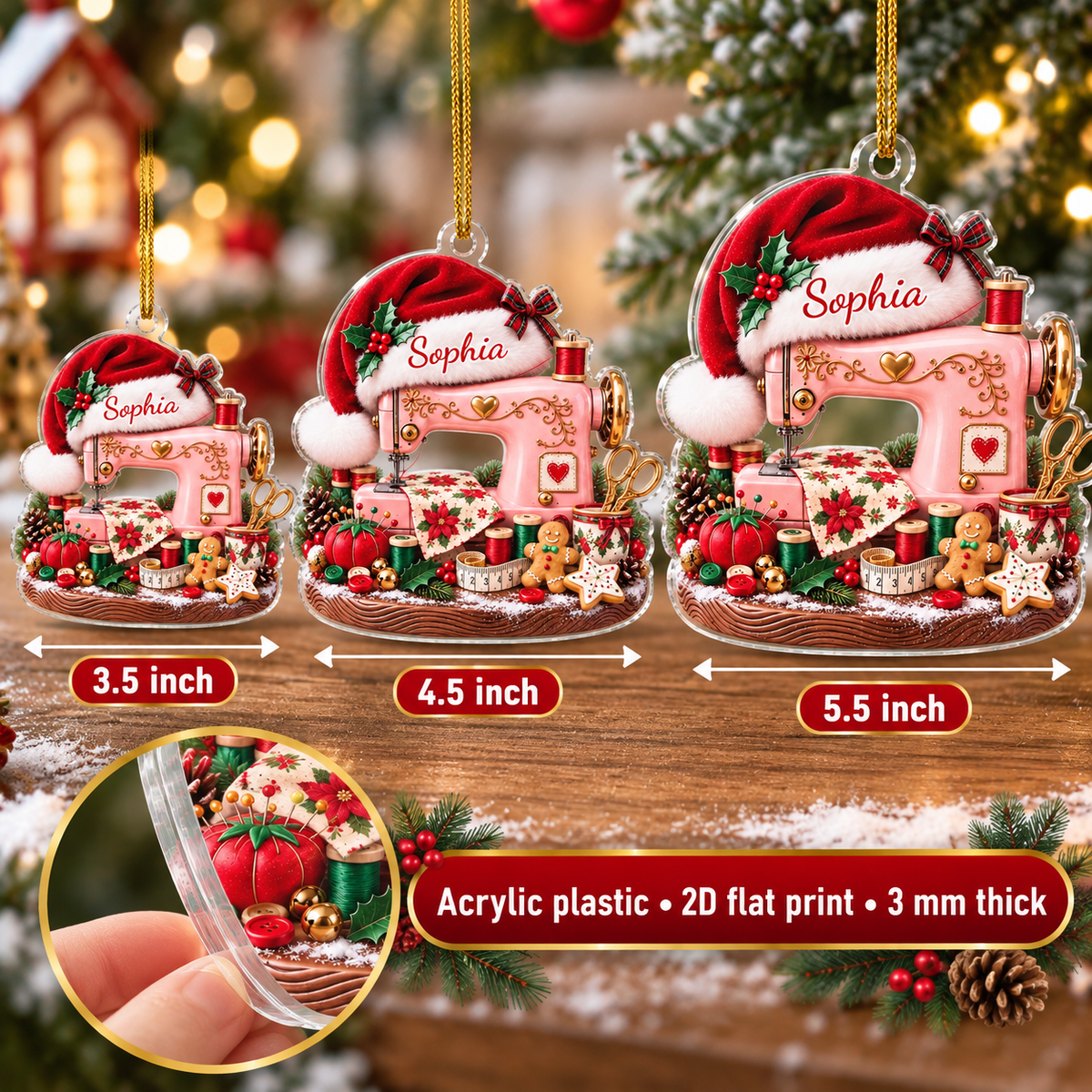 Personalized Pink Sewing Machine Christmas Ornament Custom Name Quilter Gift - size and material details