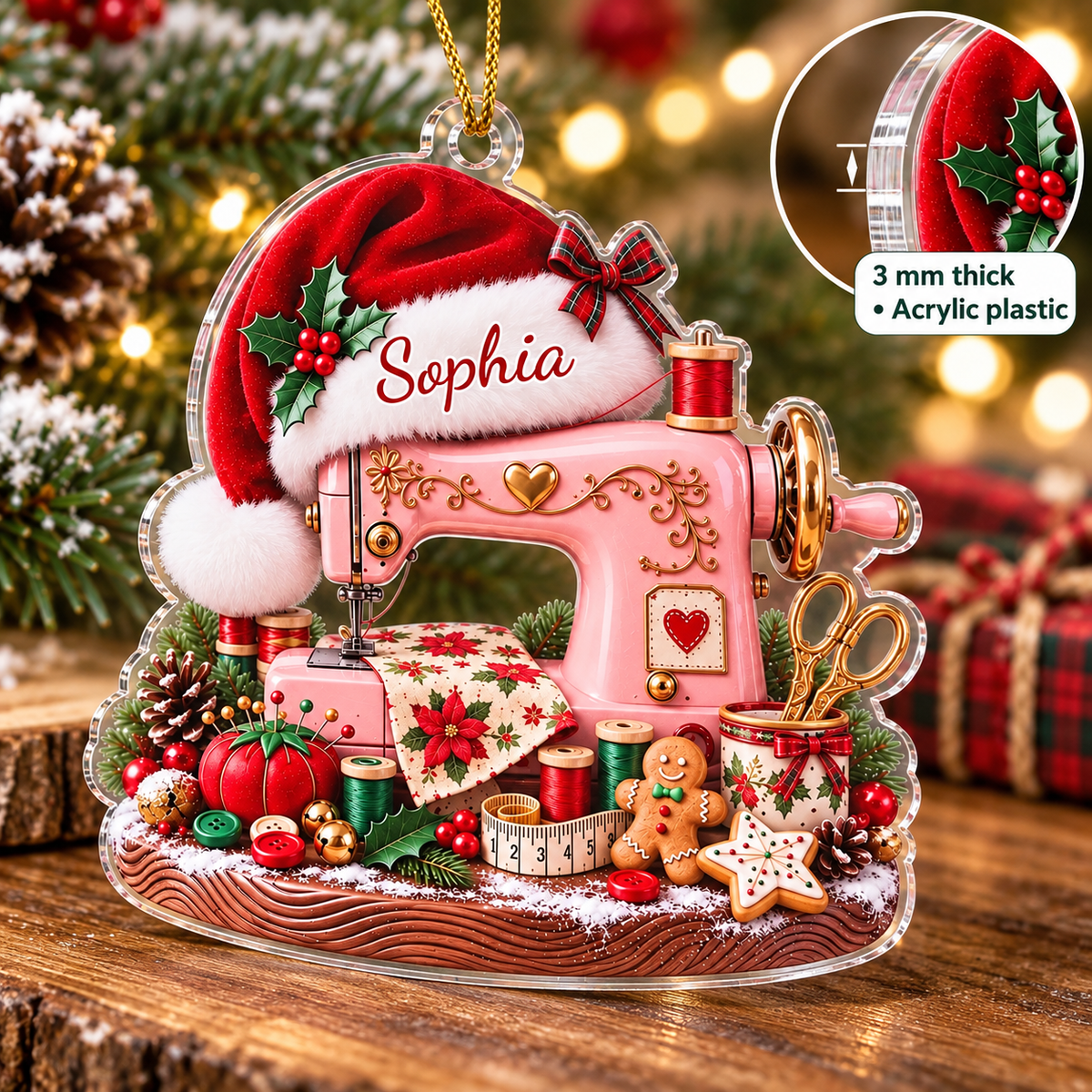 Personalized Pink Sewing Machine Christmas Ornament Custom Name Quilter Gift - size and material details