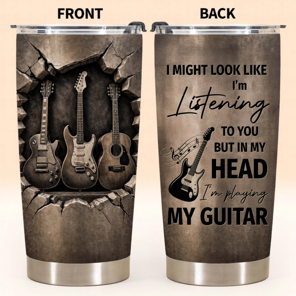 Playing My Guitar In My Head Funny Musician Tumbler, Stainless Steel Travel Mug Gift for Guitarists on a hanger, ready to ship from Austin, Texas