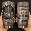 Close-up of Playing My Guitar In My Head Funny Musician Tumbler, Stainless Steel Travel Mug Gift for Guitarists for streetwear fans in Austin, Texas