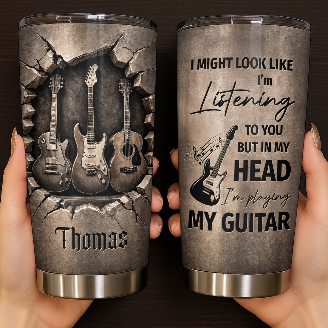 Close-up of Playing My Guitar In My Head Funny Musician Tumbler, Stainless Steel Travel Mug Gift for Guitarists for streetwear fans in Austin, Texas