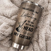 Customer in Austin, Texas wearing Playing My Guitar In My Head Funny Musician Tumbler, Stainless Steel Travel Mug Gift for Guitarists