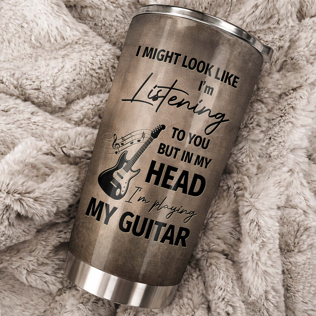 Customer in Austin, Texas wearing Playing My Guitar In My Head Funny Musician Tumbler, Stainless Steel Travel Mug Gift for Guitarists
