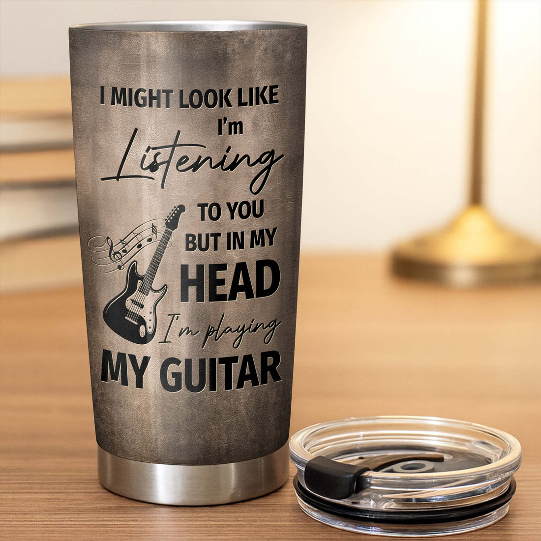 Playing My Guitar In My Head Funny Musician Tumbler, Stainless Steel Travel Mug Gift for Guitarists available at our Austin, Texas warehouse