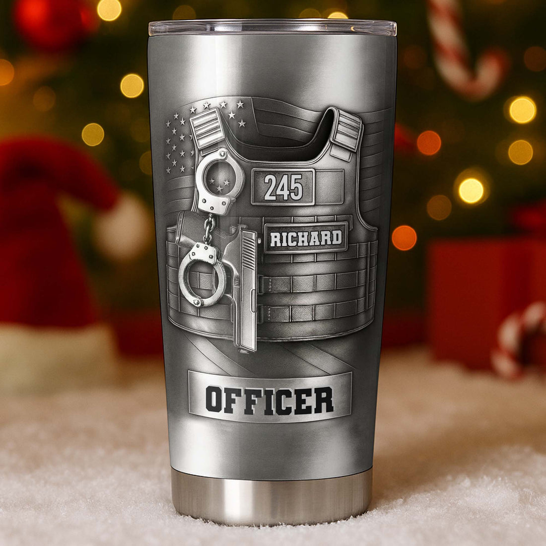 Customer in Austin, Texas wearing Police Officer Nutrition Facts Tumbler, Custom Law Enforcement Gift, Funny Cop Travel Mug
