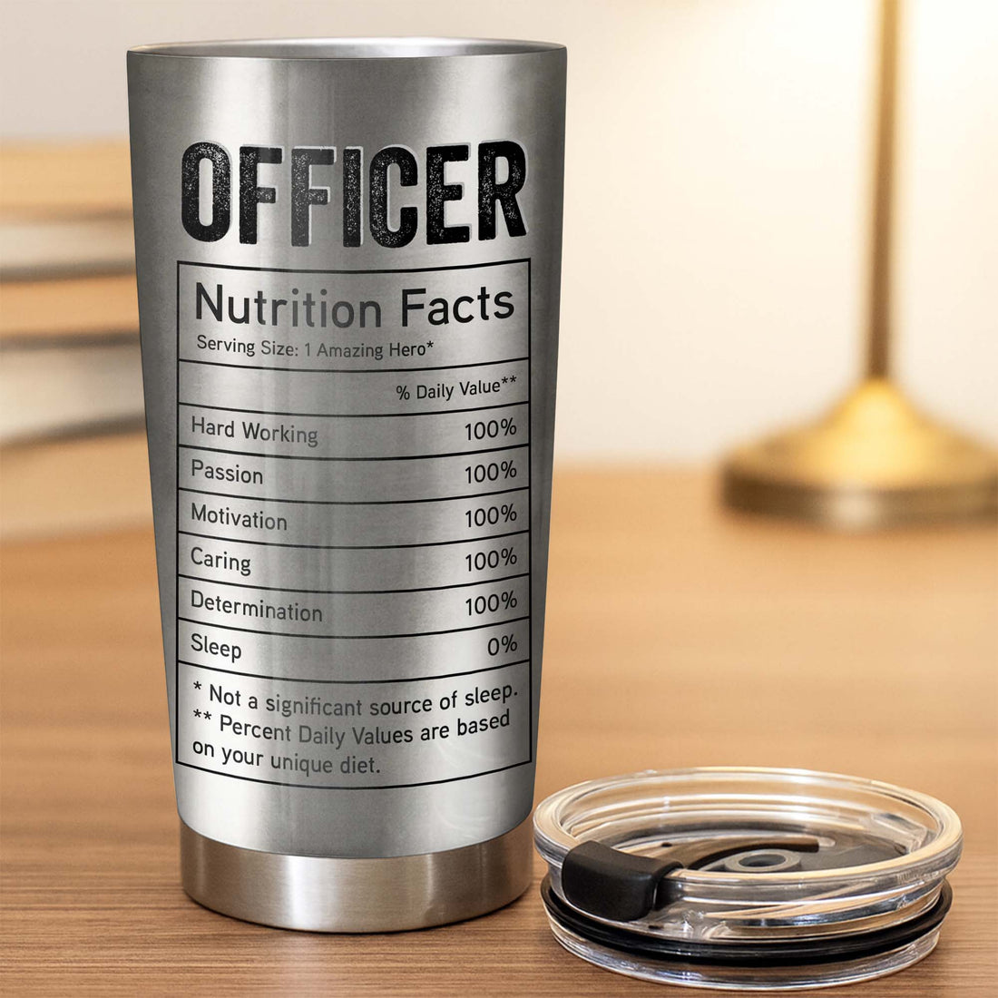 Close-up of Police Officer Nutrition Facts Tumbler, Custom Law Enforcement Gift, Funny Cop Travel Mug for streetwear fans in Austin, Texas