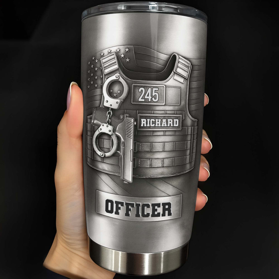 Customer in Austin, Texas wearing Police Officer Nutrition Facts Tumbler, Custom Law Enforcement Gift, Funny Cop Travel Mug
