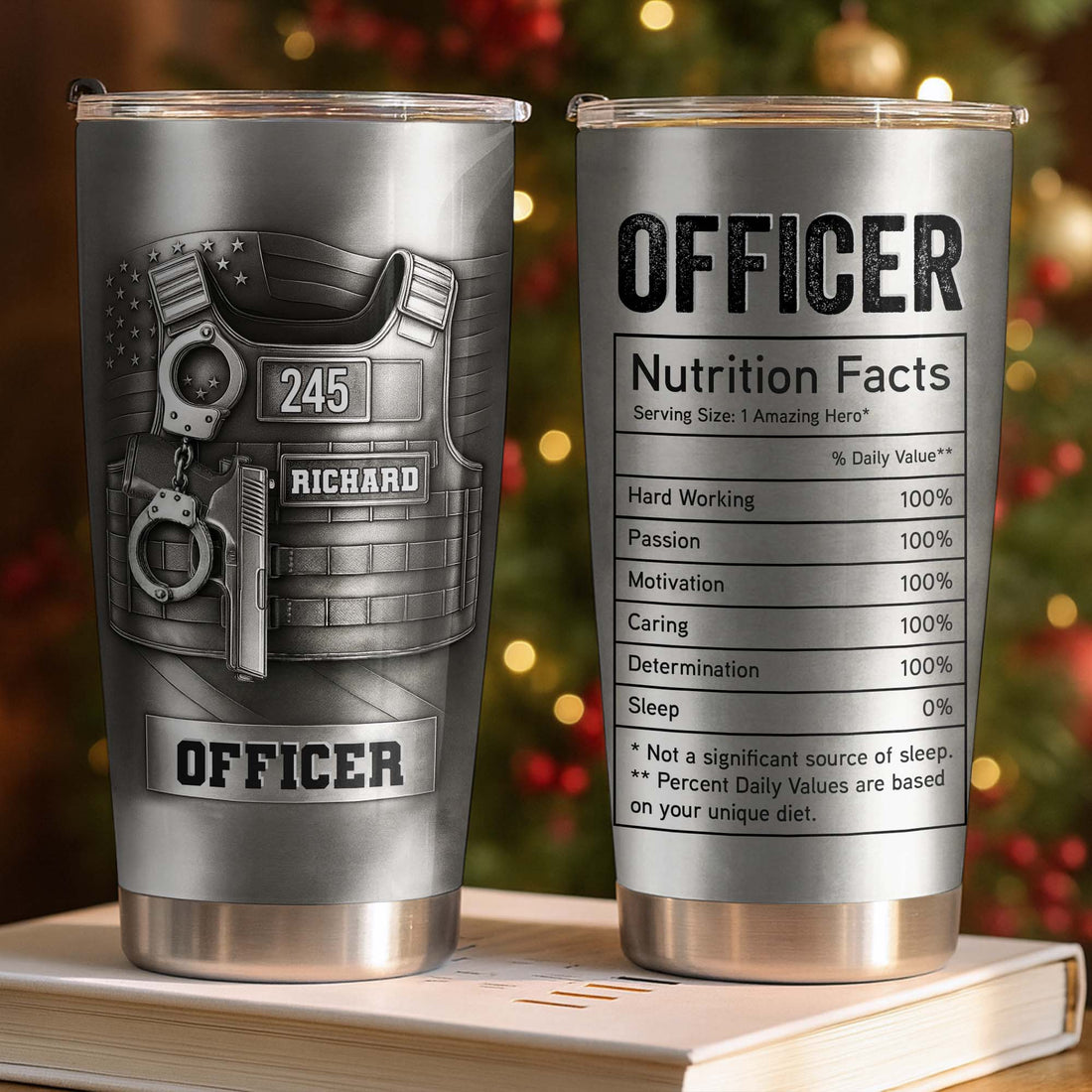 Police Officer Nutrition Facts Tumbler, Custom Law Enforcement Gift, Funny Cop Travel Mug available at our Austin, Texas warehouse