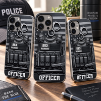 Three custom officer phone cases displayed together on wooden surface with police cap and tumbler.