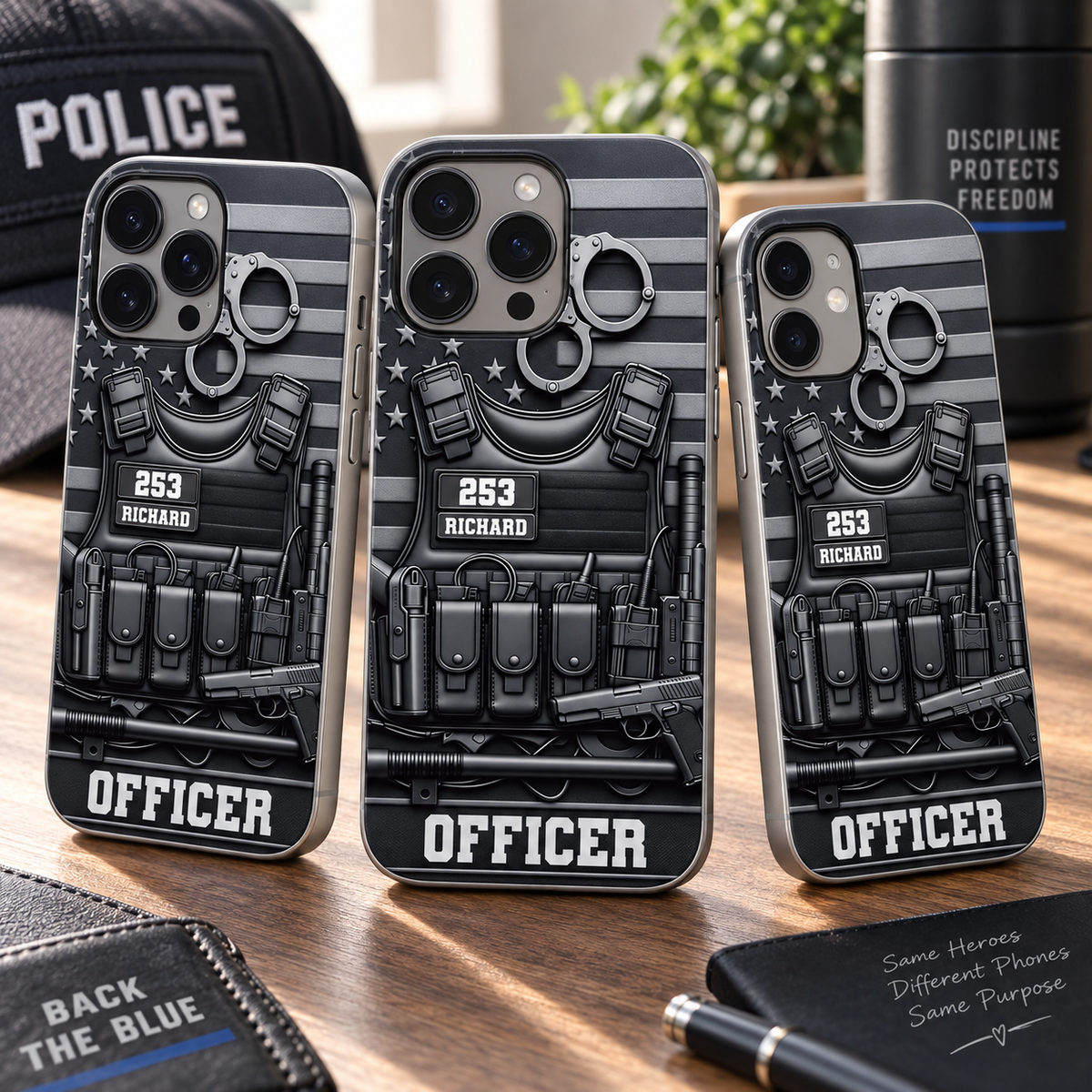 Customer in Austin, Texas wearing Police Officer Tactical Vest Phone Case Personalized Gift for Law Enforcement
