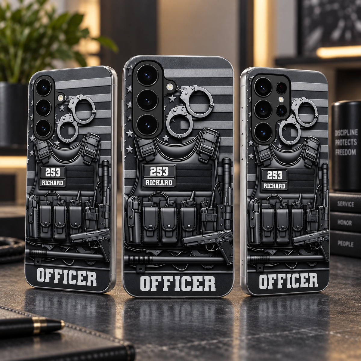 Customer in Austin, Texas wearing Police Officer Tactical Vest Phone Case Personalized Gift for Law Enforcement