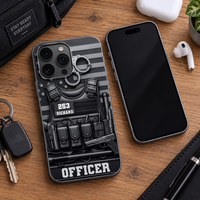 Custom police officer tactical vest phone case lying on wooden table beside phone and earbuds.