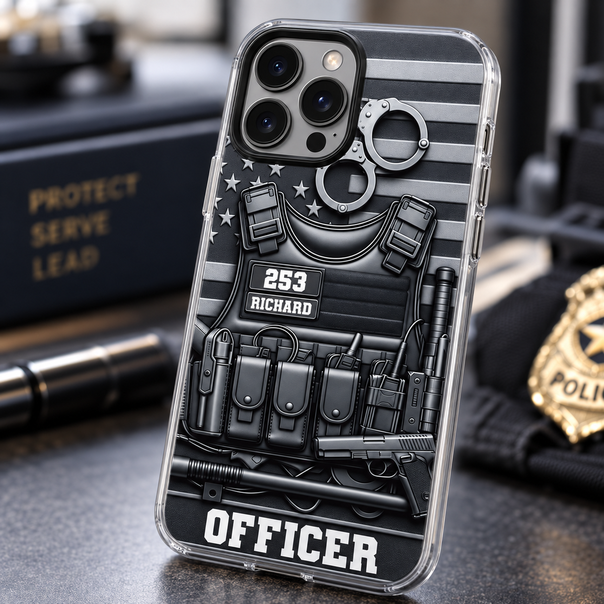 Personalized law enforcement phone case standing on desk with badge prop and dark box in background.
