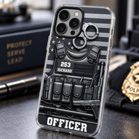 Personalized law enforcement phone case standing on desk with badge prop and dark box in background.