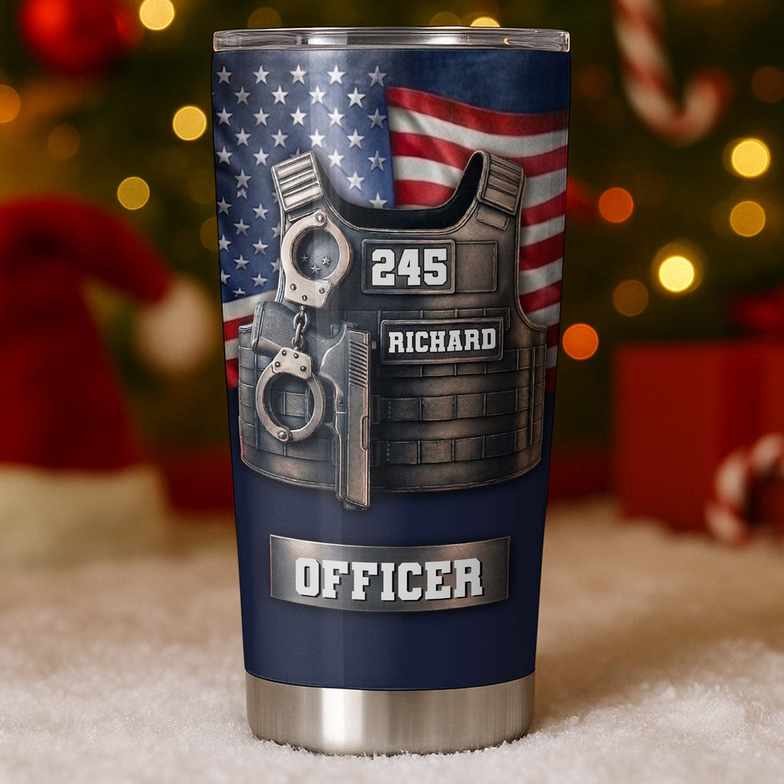 Police Officer Tactical Vest Tumbler, Personalized Law Enforcement Stainless Steel Cup, Patriotic Po on a hanger, ready to ship from Austin, Texas