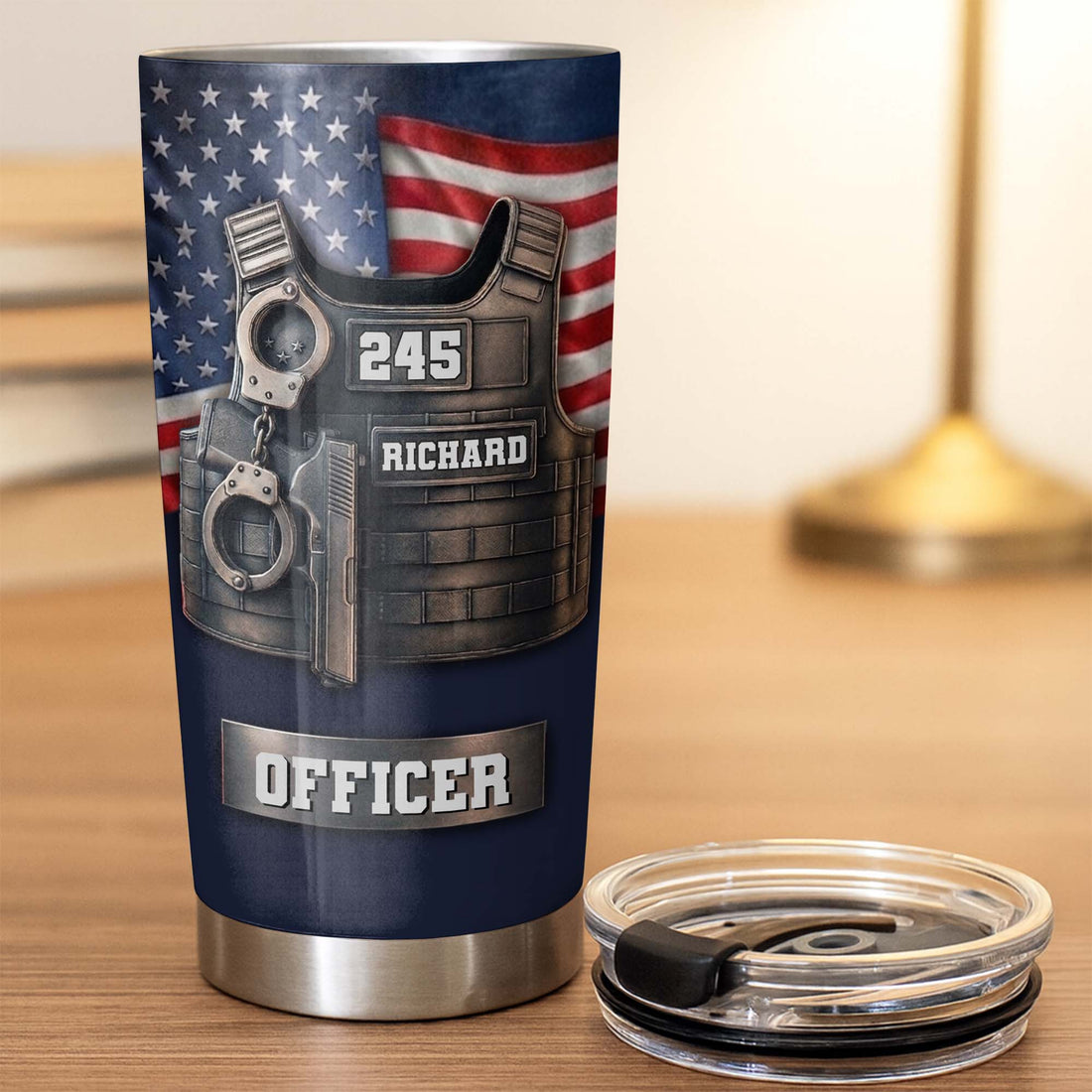 Customer in Austin, Texas wearing Police Officer Tactical Vest Tumbler, Personalized Law Enforcement Stainless Steel Cup, Patriotic Po