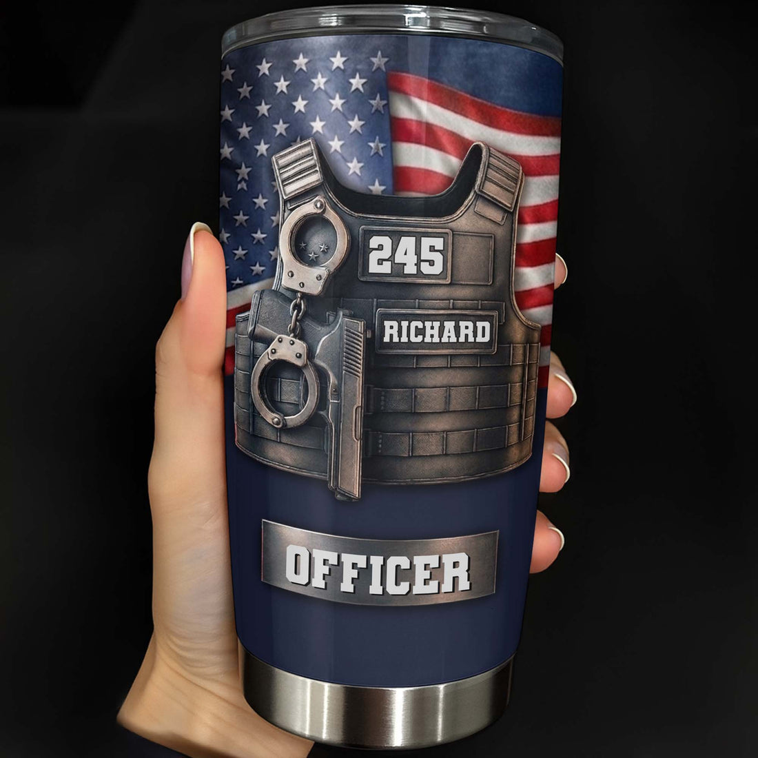 Close-up of Police Officer Tactical Vest Tumbler, Personalized Law Enforcement Stainless Steel Cup, Patriotic Po for streetwear fans in Austin, Texas