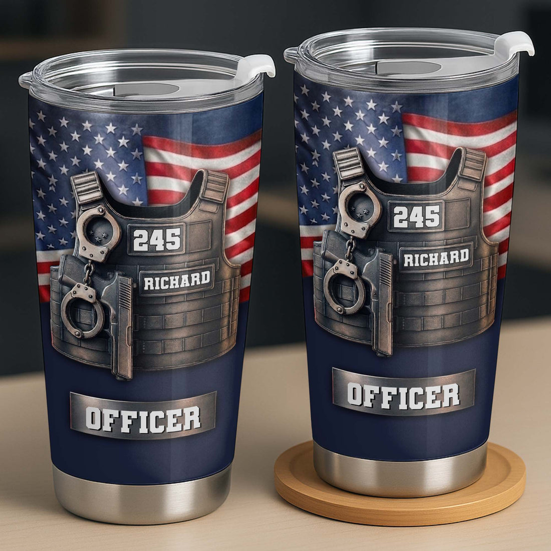 Close-up of Police Officer Tactical Vest Tumbler, Personalized Law Enforcement Stainless Steel Cup, Patriotic Po for streetwear fans in Austin, Texas