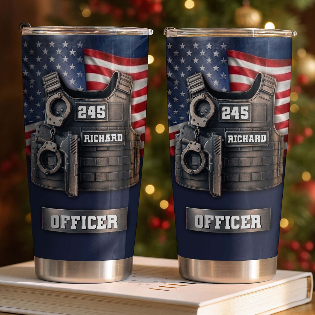 Police Officer Tactical Vest Tumbler, Personalized Law Enforcement Stainless Steel Cup, Patriotic Po available at our Austin, Texas warehouse