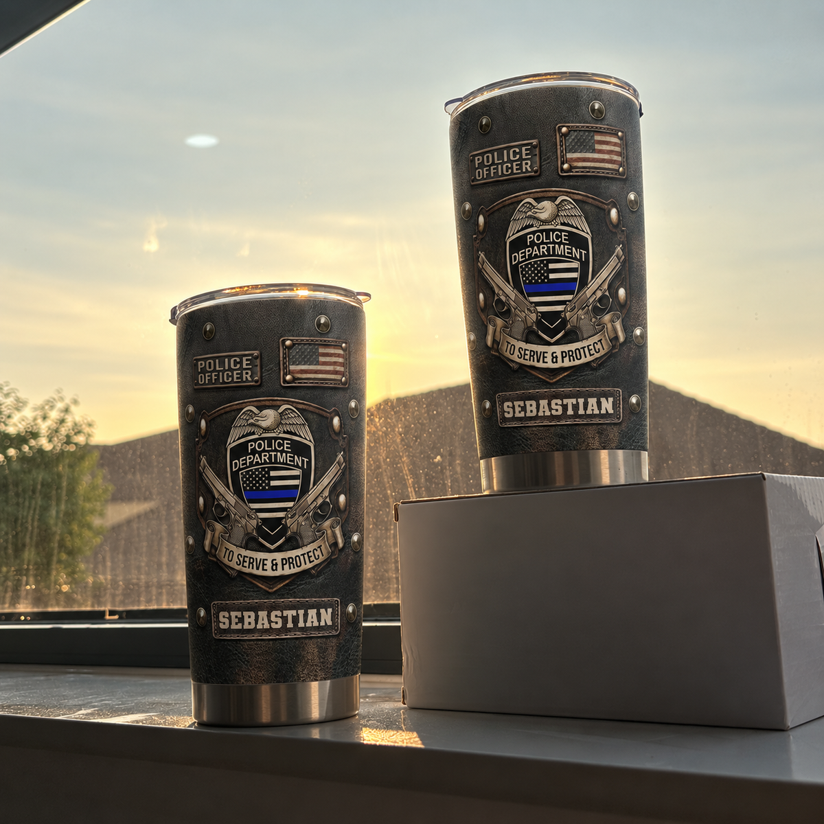 Two insulated stainless steel tumblers with black leather-textured finish displayed outdoors against a sunset sky and roof