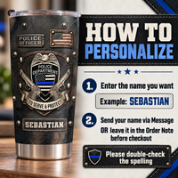 Personalized law enforcement gift guide graphic showing steps to customize the black faux-leather tumbler with a custom name.