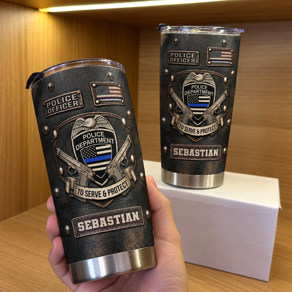 Hand holding a black faux-leather tumbler with police badge design, another tumbler stands on a white box in a wooden shelf