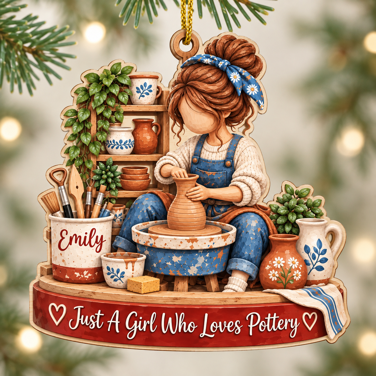 Personalized Pottery Girl Wood Ornament Custom Name Potter Christmas Gift - main design