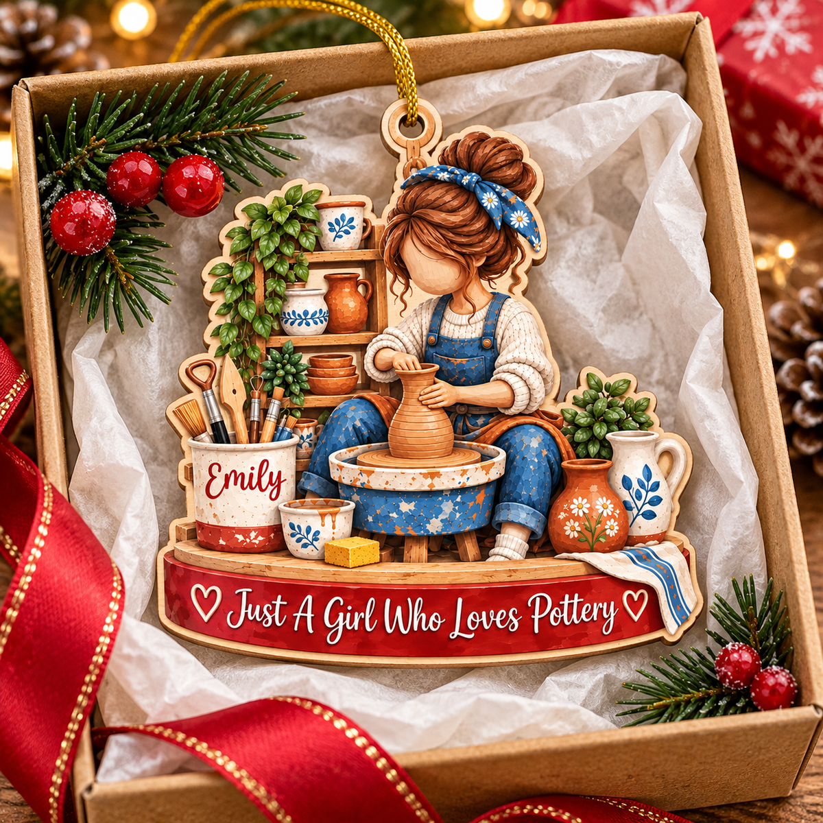 Personalized Pottery Girl Wood Ornament Custom Name Potter Christmas Gift - product view 4