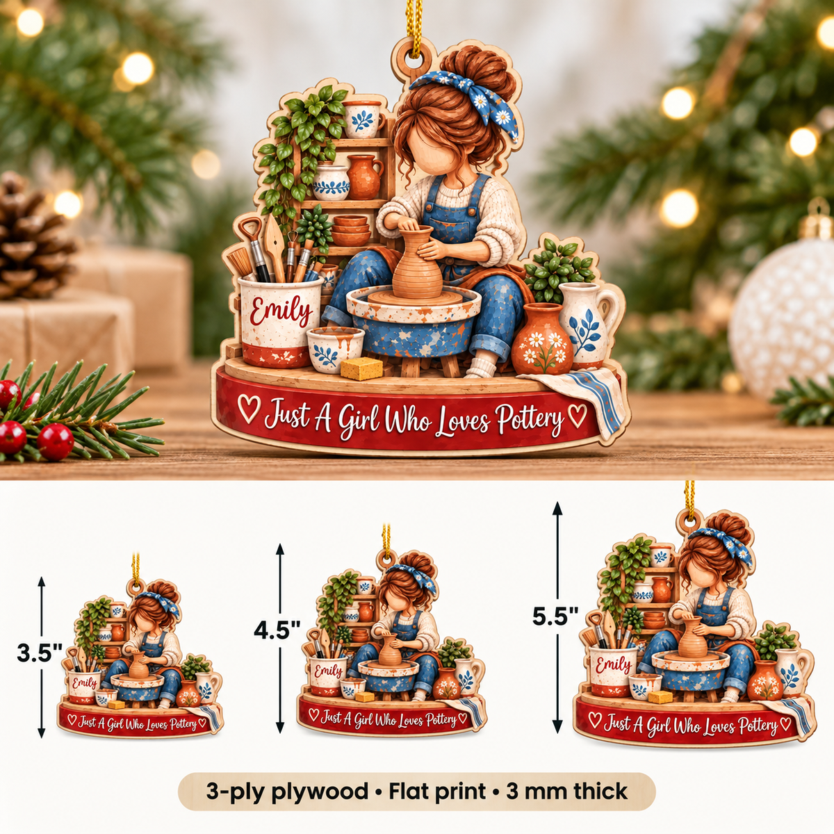 Personalized Pottery Girl Wood Ornament Custom Name Potter Christmas Gift - size and material details