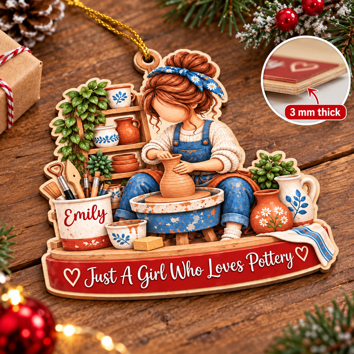 Personalized Pottery Girl Wood Ornament Custom Name Potter Christmas Gift - size and material details
