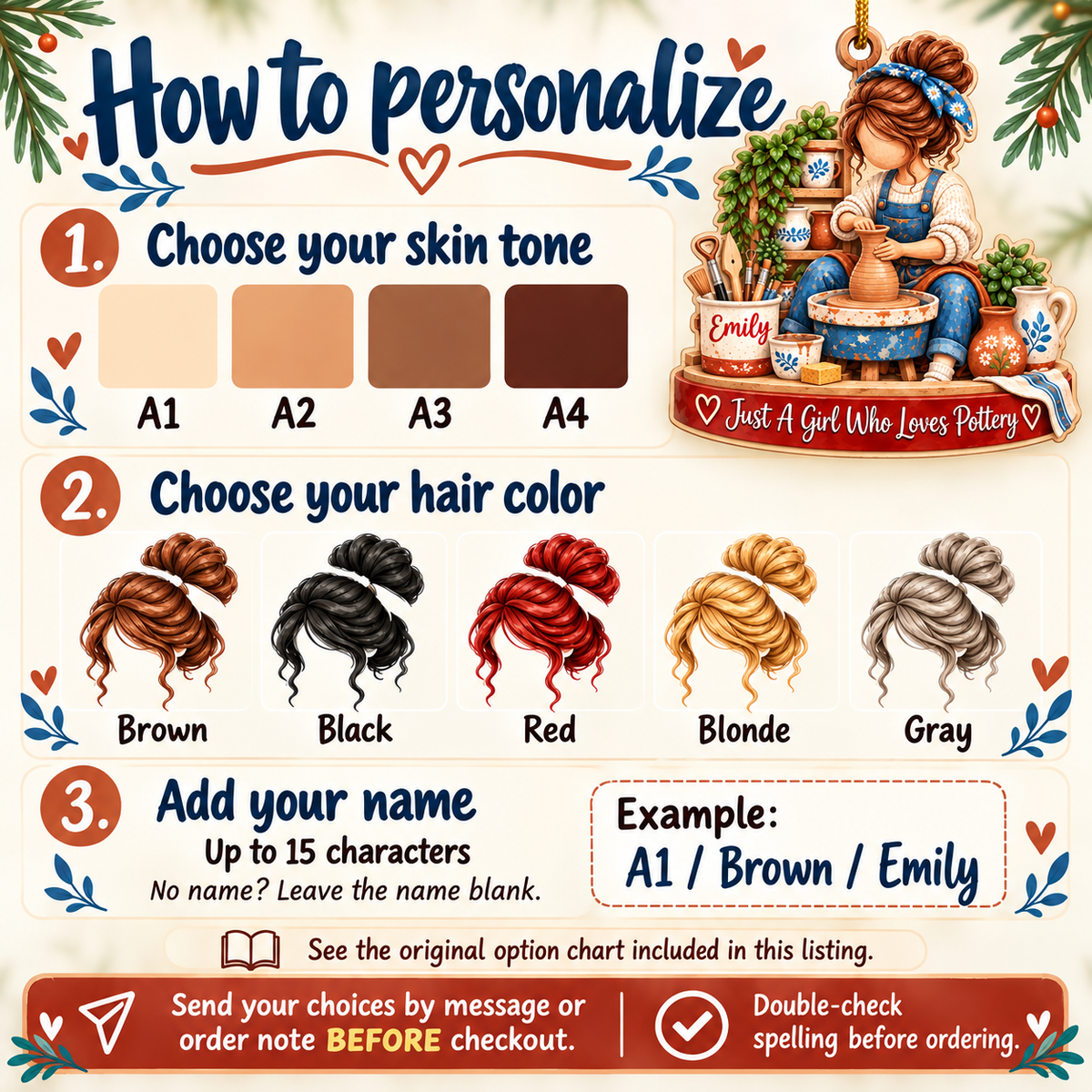 Personalized Pottery Girl Wood Ornament Custom Name Potter Christmas Gift - personalization guide