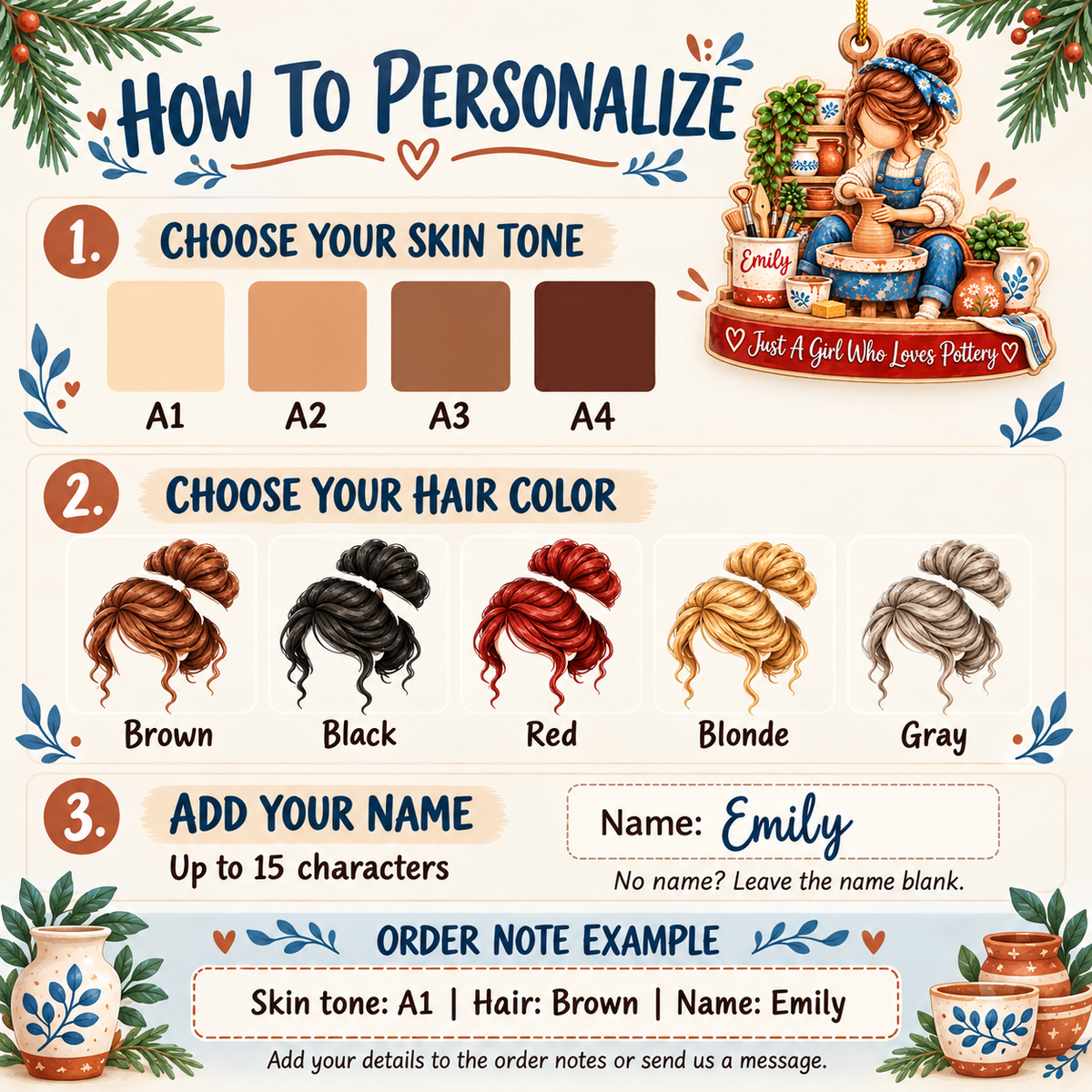 Personalized Pottery Girl Wood Ornament Custom Name Potter Christmas Gift - personalization guide