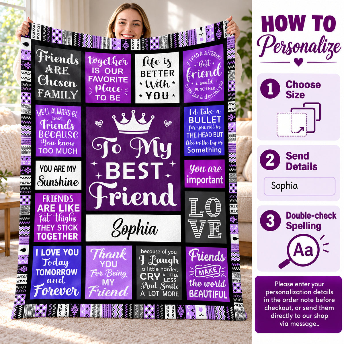 Personalized Purple Best Friend Blanket Custom Name Friendship Gift - personalization options and ordering guide