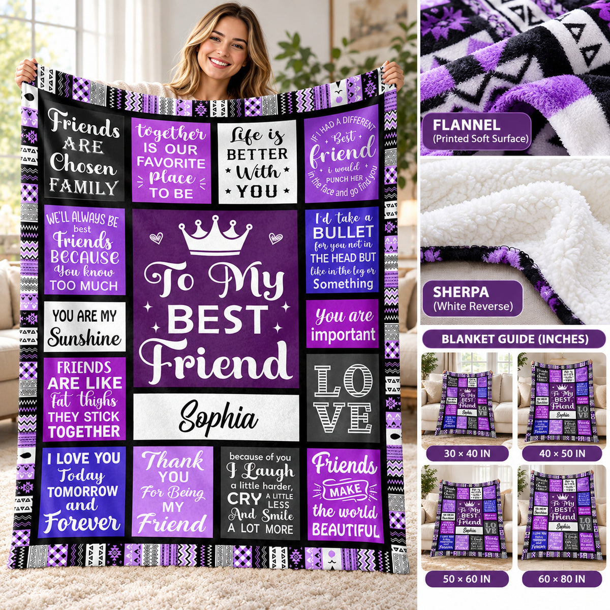 Personalized Purple Best Friend Blanket Custom Name Friendship Gift - size and material guide