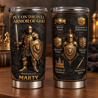 Two sides of a Christian tumbler showing a golden knight with a lion shield and the armor of God elements with custom name