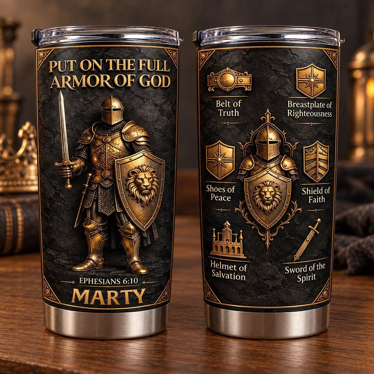 Two sides of a Christian tumbler showing a golden knight with a lion shield and the armor of God elements with custom name