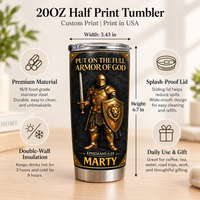 Product dimension infographic for 20oz custom Full Armor Of God tumbler with stainless steel features