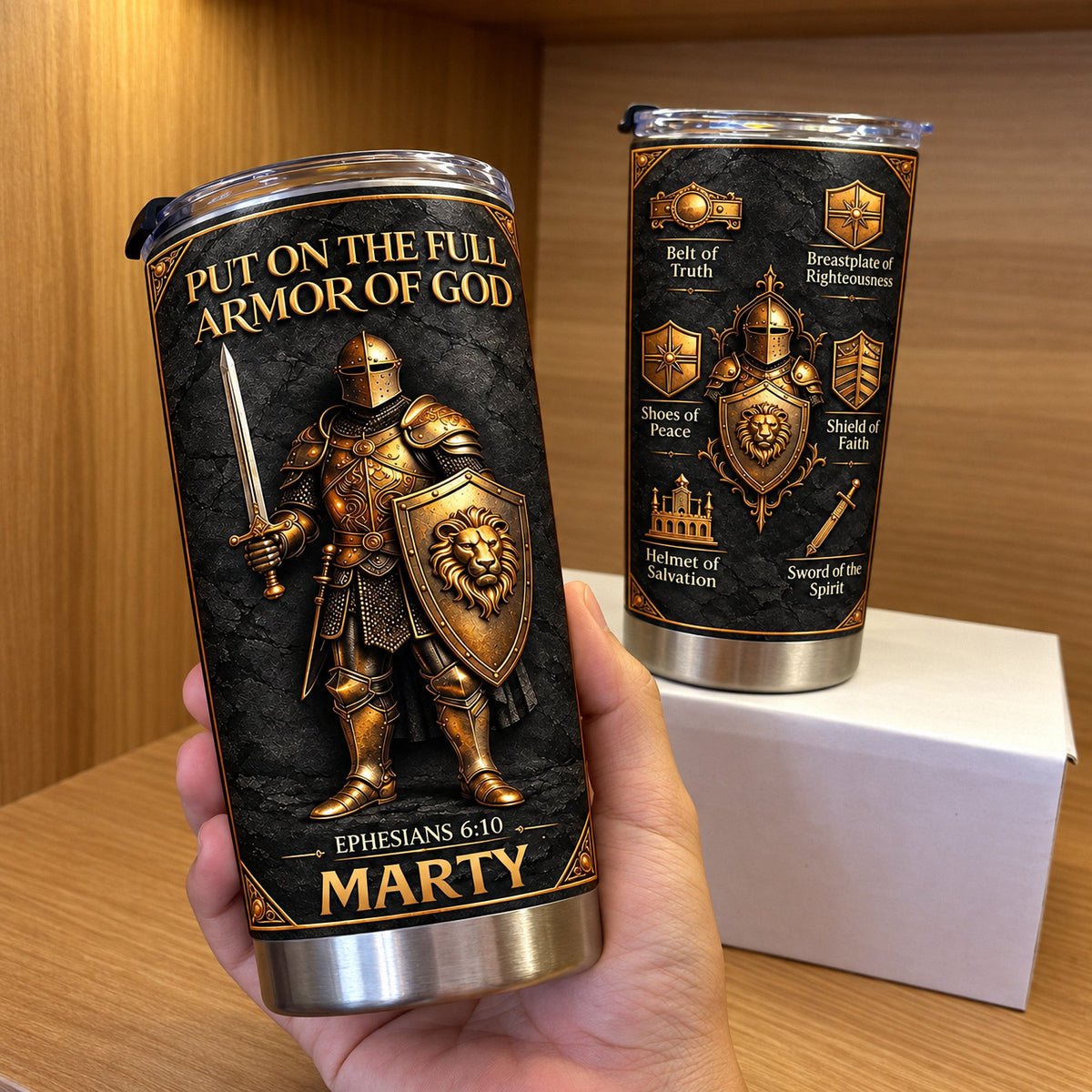 Two Full Armor Of God stainless steel tumblers showing knight front and armor icons back design